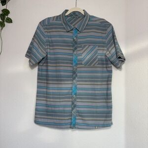 SMARTWOOL Men's Large Button Up Shirt Gray Blue Gold Stripe Wool Organic Cotton